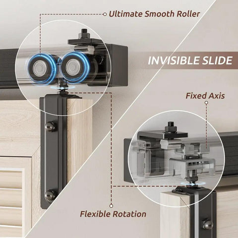 Close-up of Box Rail Bi Fold Sliding Barn Door Hardware Kit For Two Doors Built To Last With Heavy Duty Aluminum Track Wall Mount.