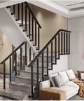 Level Up Your Space With This Rock Solid Wrought Iron Railing Kit Featuring Square Metal Spindles on indoor staircase.