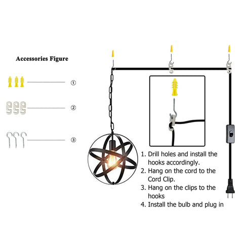 Installation guide for Plug In Dope Rustic Metal Pendant Light With Adjustable Ring Spheres. Includes cord, chain, and hooks.