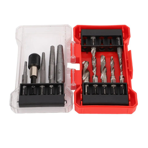 Awesome 11 Piece Screw Extractor Set For Easy Removal Of Broken Bolts And Damaged Threads Perfect For Drilling And Repairing Aluminum And Hard Plastic Mechanical Jobs With Handy Storage Box, 11-piece alloy steel set in red and clear case