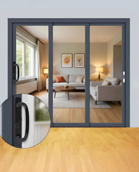 Offset Sliding Patio Door Handle Set With Mortise Lock 45 Degree Keyway Fits 1 3/8 To 2 Inches Doors 3 15/16 Inch Hole Spacing Zinc Alloy Black Diecast Non Handed Replacement For Pella Guardian PGT And More on glass door