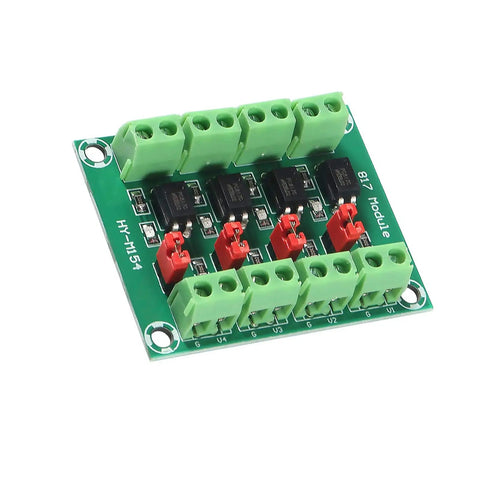 4 Channel Optocoupler PC817 Isolation Board With 3.3V And 5V Drive To 3.6-30V Output Voltage Converter Module Photoelectric Isolation High Noise Rejection Go-To Arduino DIY Projects with green connectors.