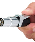 Locking Air Chuck With Six Steel Jaws That Grip Any Schrader Valve For Hands Free Tire Inflation, shown in hand