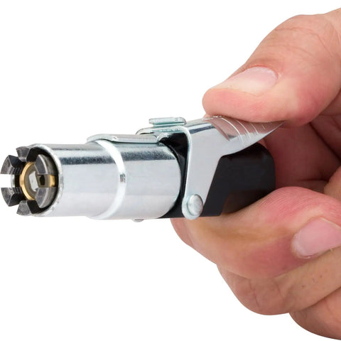 Locking Air Chuck With Six Steel Jaws That Grip Any Schrader Valve For Hands Free Tire Inflation, shown in hand