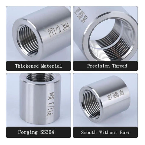 Heavy Duty Stainless Steel 304 Pipe Coupling 1-1/4 Inch NPT Female X 1-1/4 Inch NPT Female Forged High Pressure Class 3000 Fitting for Fuel Plumbing Gas and Refrigeration Systems, threaded close-up