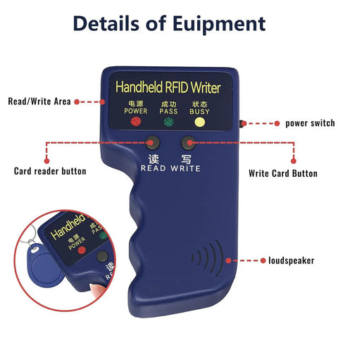 Handheld 125kHz RFID Reader And Writer On The Go ID Card Copier For T5577 EM4305 diagram showing buttons and features