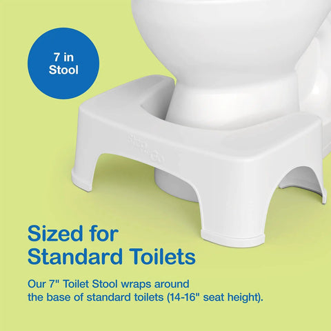 7 Inch Toilet Stool For Squatting To Make Pooping Easier next to a standard toilet with text on size and compatibility