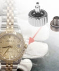 6mm Watch Crown Replacement Parts Kit For Lightweight Portable Watch Repairing Tools Silver Argent Finish Easy To Use Crown Set Ideal Gift For Watchmakers DIY Enthusiasts And Repair Pros showing crown components next to a watch.