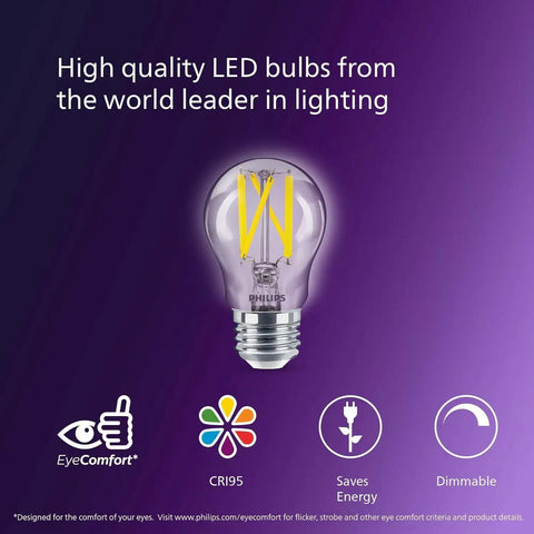 LED A15 60W Equivalent 2 Pack Soft White 2700K 750 Lumens Dimmable Flicker Free Light Bulbs Ultra Definition CRI95 displayed on purple background