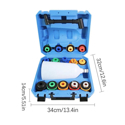 No More Messy Oil Pouring With This Universal Flexible Funnel Kit Featuring A Spill-Proof Splash Guard And Smart Adapter Design For Clean, Easy Engine Refills Every Single Time Without The Gunk. A 16-piece funnel kit in a blue case with various adapters.