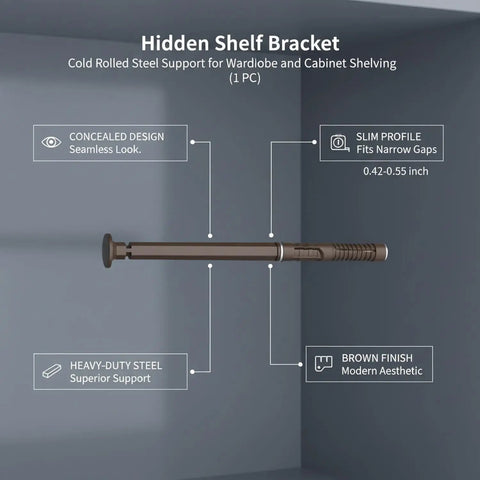 0.47 Inch Wide Hidden Shelf Bracket For Wardrobes And Cabinets In Cold Rolled Steel With Brown Finish, Concealed Interior Mount