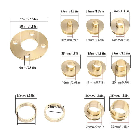 Heavy Duty Brass Template Guide Bushing Set With Eleven Precision Woodworking Router Adapters and Smart Storage Case displaying brass guide bushings with measurements.