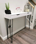 White console table with 34 Inch Hairpin Table Legs Set For DIYers 1/2 Inch Dia 3 Rods Heavy Duty Metal Furniture Feet Mid Century