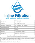 Specification sheet for Inline Refrigerator Water Filter With Lead And Scale Protection, 1500 Gallon Capacity