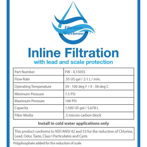 Specification sheet for Inline Refrigerator Water Filter With Lead And Scale Protection, 1500 Gallon Capacity