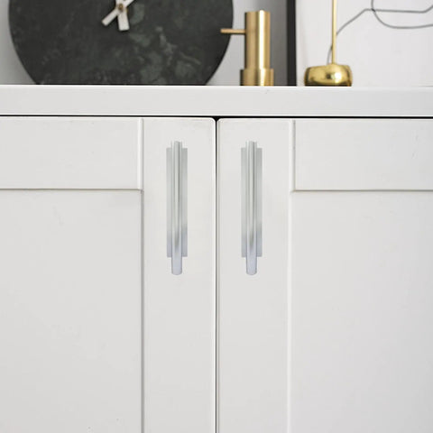 Self Stick Push Pull Helper Handles 10 Pack Silver Cabinet Drawer Pulls Durable ABS Plastic Easy Adhesive Install No Drill No Tools Required for Kitchen Bathroom and Bedroom, on white cabinet doors
