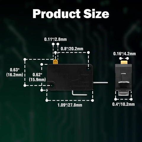 Dimensions of KW3 Snap Action Switch Normally Open 125V/250V Micro Limit Switch with 2 Pins for appliances.