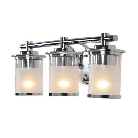 Essence 3 Light Bathroom Vanity Light Fixture In Chrome With Sand Clear Glass Shades Damp Location Rated Steel Construction UL And CUL Certified Three 100W Bulbs Not Included