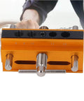 Auto Centering Dowel Jig Kit With Adjustable Drill Guide From 0.4 To 2.4 Inches Wide Six Bushings for wood joinery, front view