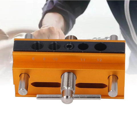 Auto Centering Dowel Jig Kit With Adjustable Drill Guide From 0.4 To 2.4 Inches Wide Six Bushings for wood joinery, front view