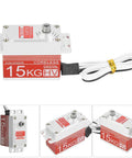 Hardcore 15Kg Digital Steering Servo Built Different Kickin It With A Savage Coreless Brushless Motor And Beefy All Metal Gears For Rc Car Truck Builds In Scarlet showing top and side views with connection wire.