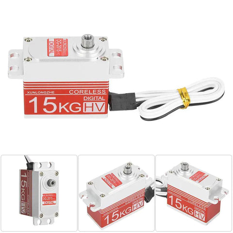 Hardcore 15Kg Digital Steering Servo Built Different Kickin It With A Savage Coreless Brushless Motor And Beefy All Metal Gears For Rc Car Truck Builds In Scarlet showing top and side views with connection wire.