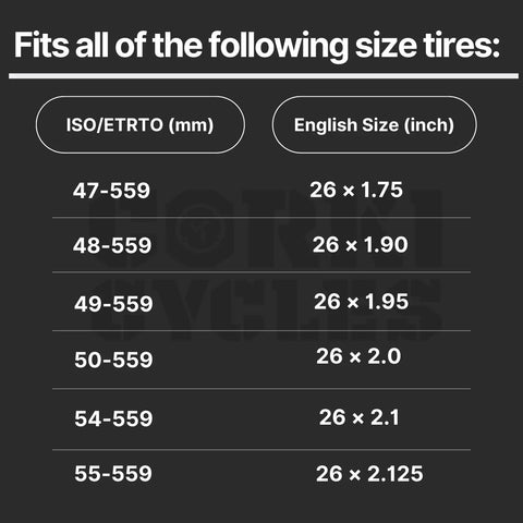 Tire size chart for 26 Inch Mountain Bike Inner Tube Fits 26x1.75 To 2.125 Tires Schrader Valve 32mm Compatible With ETRTO 47-559