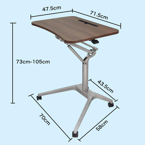Legit Sturdy Height Adjustable Laptop Desk With Quick Pneumatic Lift showcases dimensions 47.5cm x 71.5cm, adjustable height 73cm-105cm.
