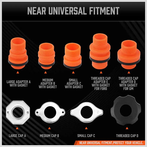 Five adapters in various sizes for Slick No Drama Spill Proof Coolant Funnel Kit With Universal Adapter Bleeder for easy fit.