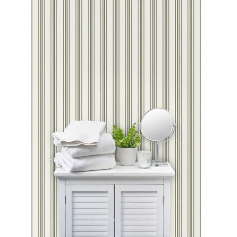 Grain Sack Stripe PVC Free Wallpaper Featuring Refined Linen Texture in a bathroom setting with towels and a mirror.