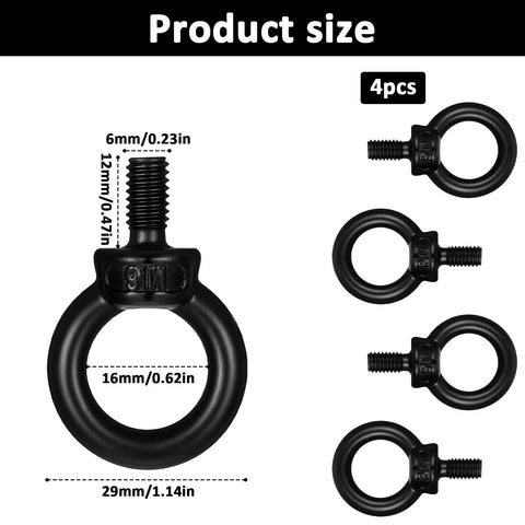 Image of 4 Pack M6 Lifting Eye Bolts 12mm Black Stainless Steel Eyebolts 304 with size dimensions in millimeters
