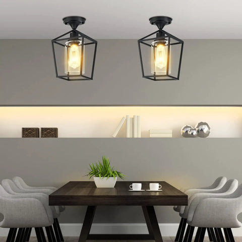 Dope Clear Glass Industrial Vintage Semi Flush Mount Ceiling Light With Lantern Cage Shade In Black Finish for dining room