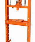 Heavy-Duty 12 Ton H Frame Shop Press For Metalworking And Auto Repairs In The Garage With Stable Floor Mount And Triangular Support Built To Handle Bearing Removal U-Joints Bending Straightening And Installing Parts, front view, orange frame