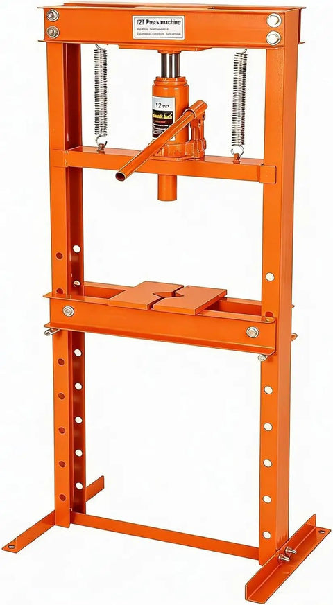 Heavy-Duty 12 Ton H Frame Shop Press For Metalworking And Auto Repairs In The Garage With Stable Floor Mount And Triangular Support Built To Handle Bearing Removal U-Joints Bending Straightening And Installing Parts, front view, orange frame