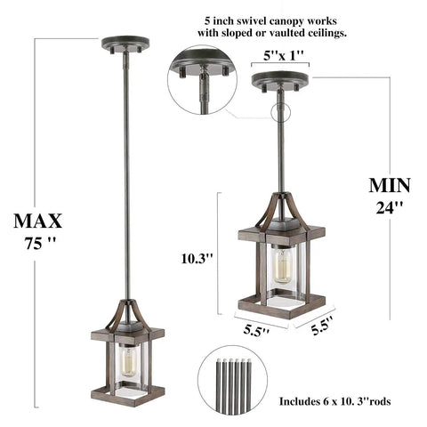 Faux Wood Lantern Pendant Lighting With Glass Shades For Kitchen Island, Bedroom, Dining Room, Hallway And Foyer, height adjustable.