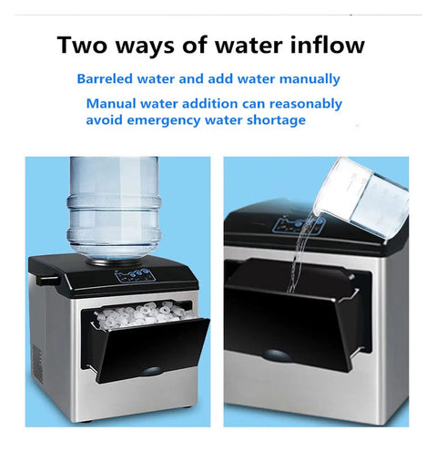 Pro Hustle Electric Countertop Bullet Ice Maker Machine For Home RV Campsite showing water inflow options with water barrel and manual fill.