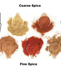 Coarse and fine ground spices in wooden spoons, illustrating results using Dope Fine Grind Pepper And Spice Grinder Set.