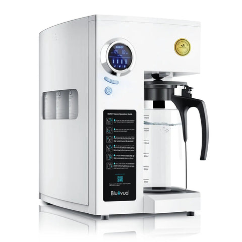 Countertop Reverse Osmosis Water Filter System With Remineralization, Portable No Installation RO Filtration, glass carafe shown