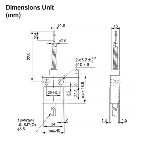 Technical dimensions of Workhorse 360 Degree Coil Spring Actuated Limit Switch BM3169 SPDT 1NO 1NC Waterproof IP67 Micro Switch.