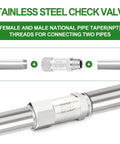 TAISHER stainless steel check valve, 3/8 NPT male to 3/8 NPT female, inline installation