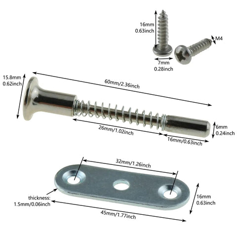 Heavy Duty Spring Loaded Plunger Latches For Cabinets And Drawers Rock Solid Nickel Plated Wardrobe Locks with screws and mounting plate.