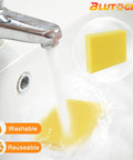 Yellow sponge being rinsed in a sink under running water with inset showing washable, reusable design.