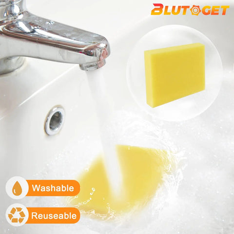 Yellow sponge being rinsed in a sink under running water with inset showing washable, reusable design.