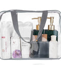 Front view of Three Pack Clear PVC Travel Toiletry Bags Set For Women And Men Waterproof See Through Organizer Pouches with toiletries inside