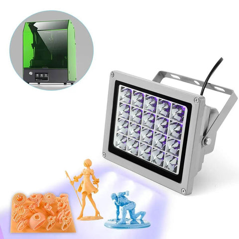 High Power 405nm UV Resin Curing Light for SLA DLP 3D Printers, handheld and DIY enclosure use, shown with cured resin models
