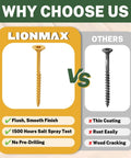 Comparison of tan rust-resistant exterior wood screw and standard screw, highlighting advantages for outdoor decking.