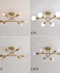 Gold Modern Sputnik Chandelier With Six Lights Dope Look Industrial Metal Semi Flush Mount Ceiling Light on and off modes