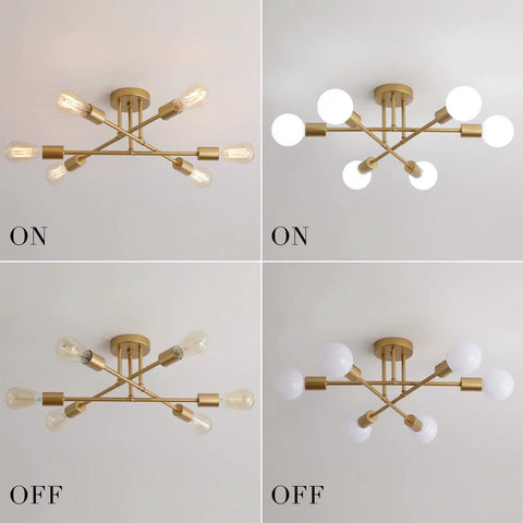Gold Modern Sputnik Chandelier With Six Lights Dope Look Industrial Metal Semi Flush Mount Ceiling Light on and off modes