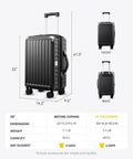 Expandable Carry On Luggage 22x14x9 Inches With Spinner Wheels 20 Inch Hard Shell Suitcase in black with dimensions shown.
