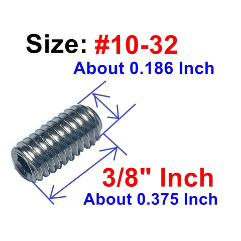 Heavy Duty 50 Piece 10-32 By 3/8 Inch Hex Socket Set Screws In 304 Stainless Steel With Allen Head Grub Screws, size details.